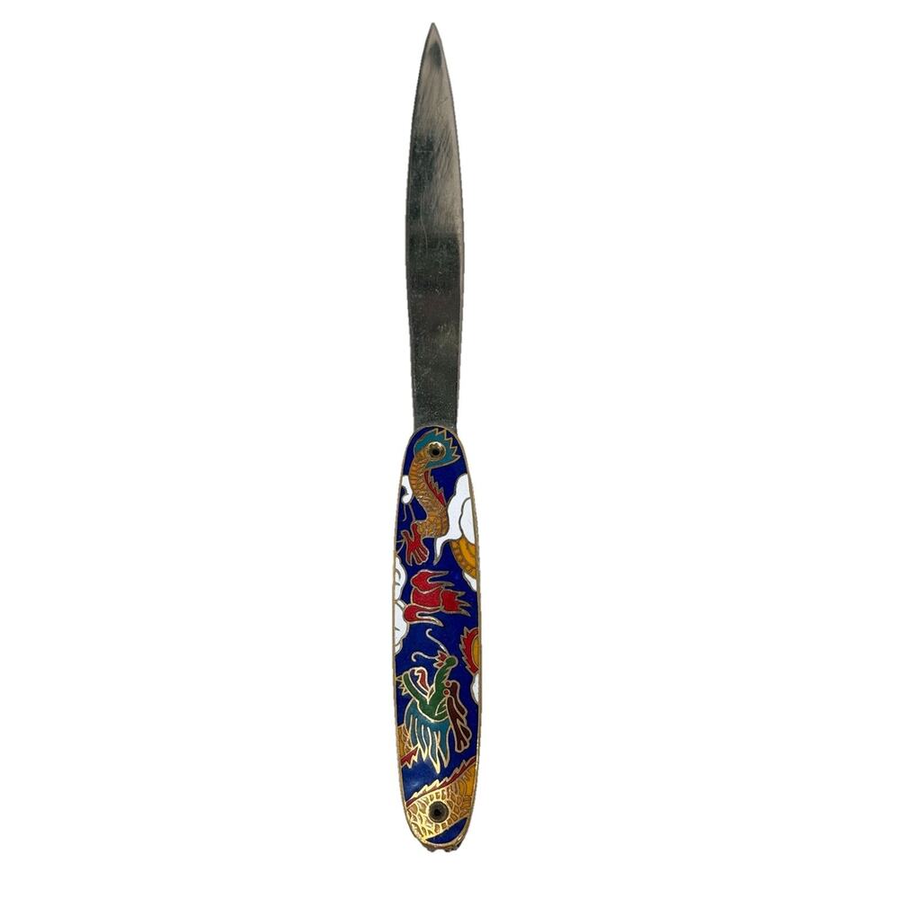 Vintage Cloisonné handle letter opener DRAGON‎ motif Blue & Gold
